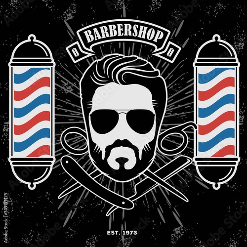 Barbershop Logo with barber pole and bearded men in vintage style. Vector template