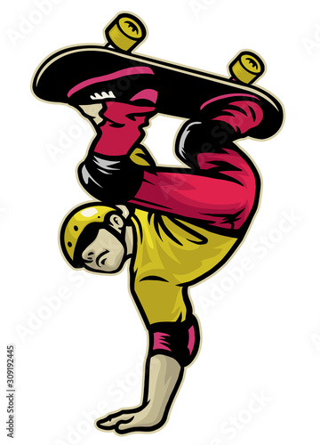 skater doing hand stand trick skateboard