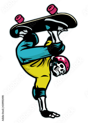 skull skater doing hand stand skateboarding trick