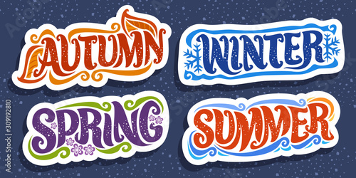 Vector set for Four Seasons, 4 cut out decorative seasonal badges with words and confetti, summer with sea waves, winter with blue snow flakes, spring with lilac bloom, autumn season with orange leaf.