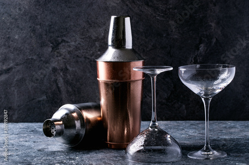 Variety of empty cocktail drinking glasses