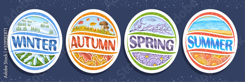 Vector set for Four Seasons, 4 isolated decorative seasonal badges, summer with sea waves, winter with spruce–fir forest in snowy mountains, spring with lilac branch, fall season with autumn rain.