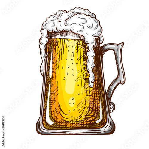 vector hand drawn traditional beer glass full of wheat beer with foam. Beautiful vintage etched beer mug with dropping froth isolated on white background. Alcoholic yellow beverage in glassware
