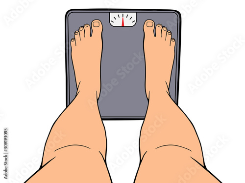 Bare feet on the scales. Weight measurement concept. Vector illustration