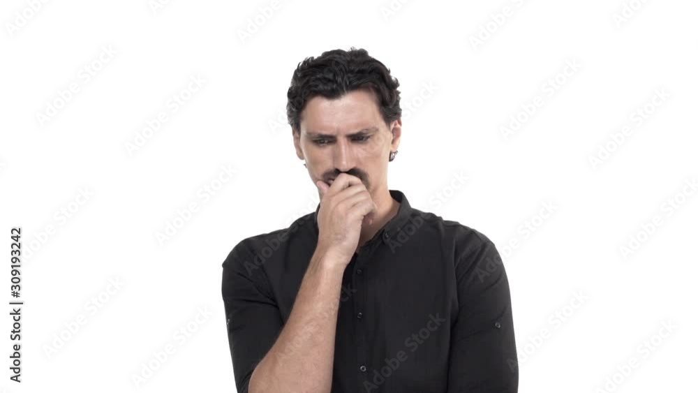 Man trying find resolve. Serious-looking adult masculine bearded man in black shirt, hear question, start think, touch chin thoughtful, look focused squinting perplexed, thinking, shrugging unaware Man trying find resolve. Serious-looking adult masculine bearded man in black shirt, hear question, start think, touch chin thoughtful, look focused squinting perplexed, thinking, shrugging unaware