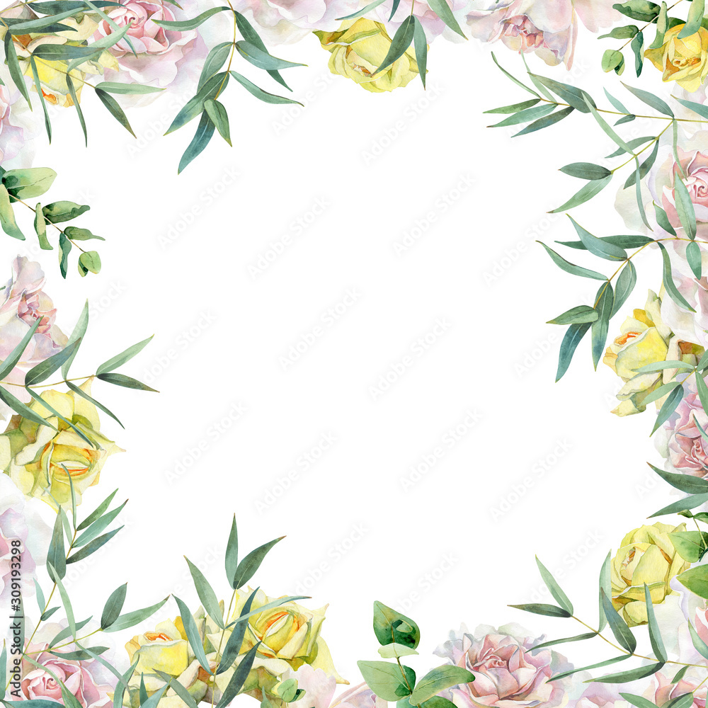 Background of watercolor yellow and pink roses and eucalyptus. Background of watercolor yellow and pink roses and eucalyptus.