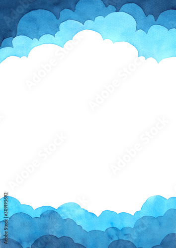 Abstract watercolor hand painting illustration in cloud concept. Bright blue wavy background. High resolution. Design for card, cover, print, web.