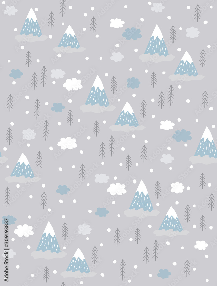 Infantile Style Seamless Vector Pattern with Hand Drawn Snowy Mountain. Lovely Nursery Art with Winter Mountain Landscape. Cute Abstract Hills, Trees and Fluffy Clouds Isolated on a Gray Background. Infantile Style Seamless Vector Pattern with Hand Drawn Snowy Mountain. Lovely Nursery Art with Winter Mountain Landscape. Cute Abstract Hills, Trees and Fluffy Clouds Isolated on a Gray Background.