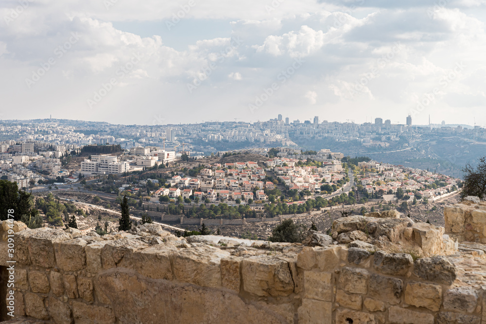 View from the roof of a mosque standing on the tomb of the prophet Samuel on Mount Joy, on the nearby areas of Jerusalem