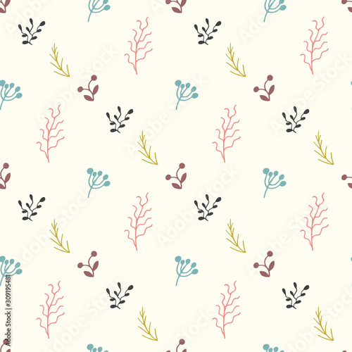 Seamless pattern with sprigs and berries. Vector background. Freehand drawing.