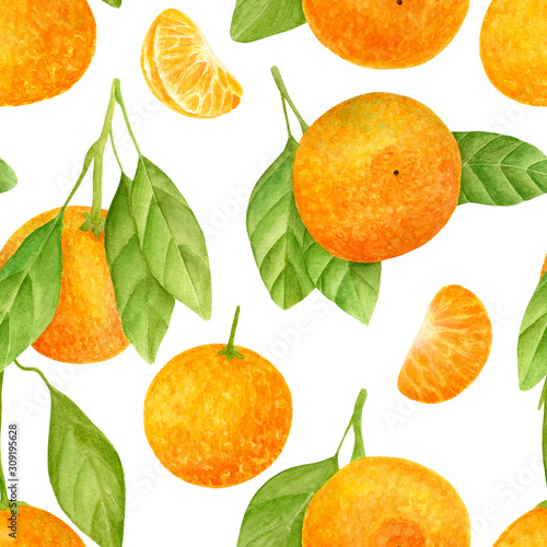 Watercolor tangerine seamless pattern. Hand drawn botanical illustration of mandarin fruits and slices with leaves. Citrus plants isolated on white background for design, textile, package, wrapping.