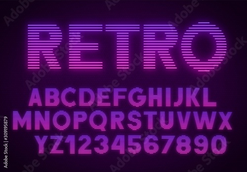 Futuristic retrowave font. Striped gradient glowing letters and numbers on dark background .