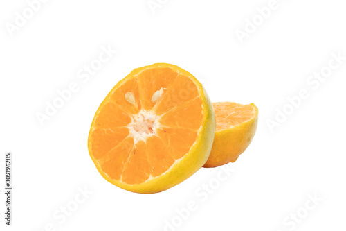 Orange with isolated white background .Oranges have antioxidants. Helps build collagen Helps to slow down aging. Helps to keep the skin healthy.