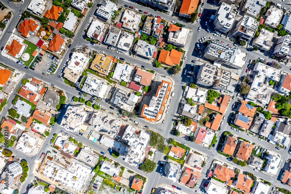 Overhead aerial view of city streets in Limassol. Cyprus