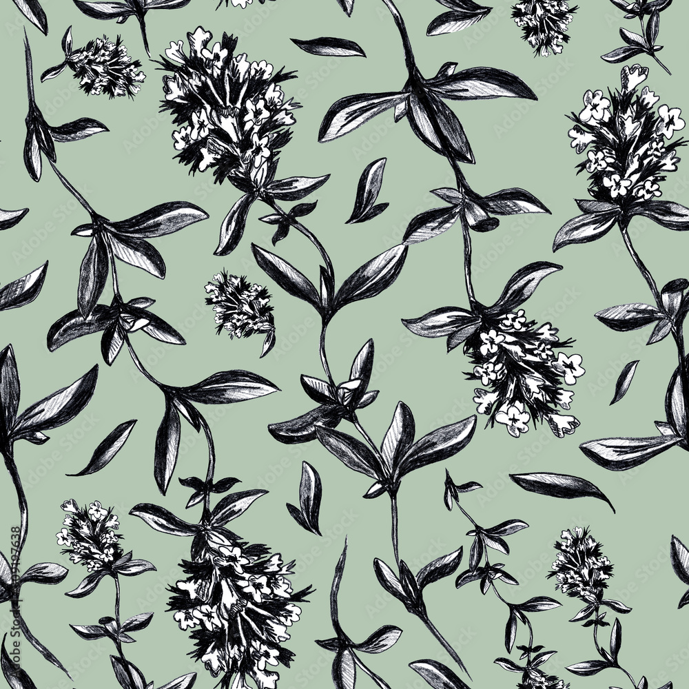 Fototapeta premium Thyme flowers hand drawn - seamless pattern on olive green background