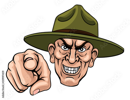 An army bootcamp drill sergeant soldier looking mean and pointing at the viewer