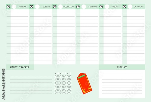Week timetable and habit tracker with  red envelopment flat vector template. Calendar design, personal tasks organizer blank page for planner.