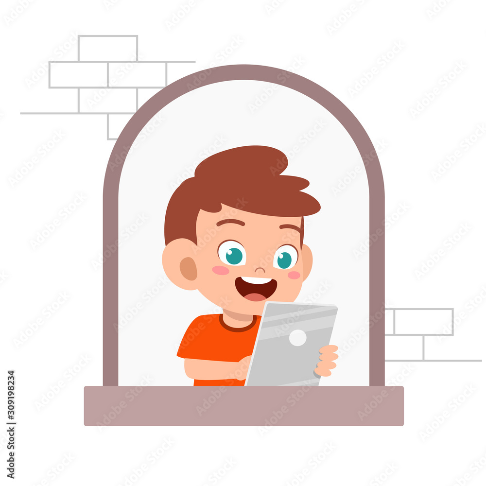 happy cute kid boy expression on window happy cute kid boy expression on window