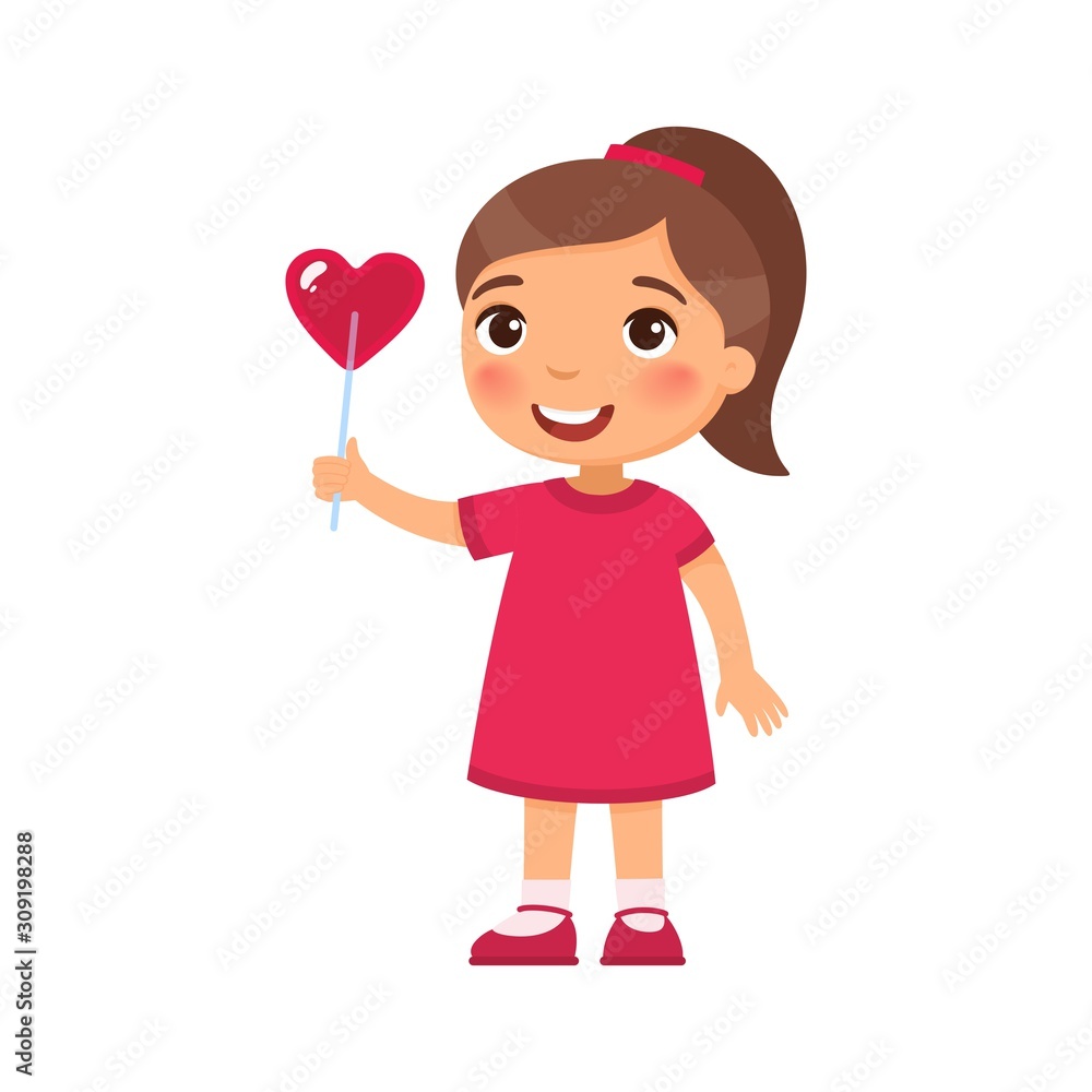 Little girl holding heart shaped candy flat vector illustration. Valentines Day celebration. Smiling child character with lollipop on stick. February 14 holiday isolated design element Little girl holding heart shaped candy flat vector illustration. Valentines Day celebration. Smiling child character with lollipop on stick. February 14 holiday isolated design element