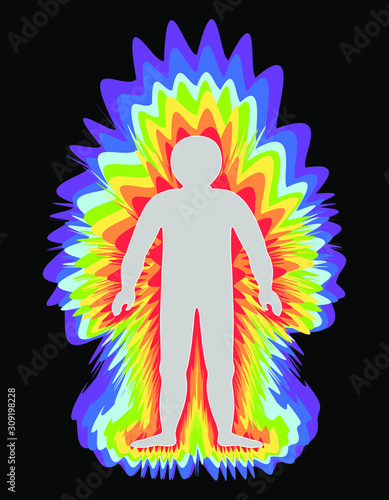 The aura of the body. Rainbow color marked layers of the male body. Etheric, emotional, metallic, astral, celestial and causal layer. Isolated vector on black background