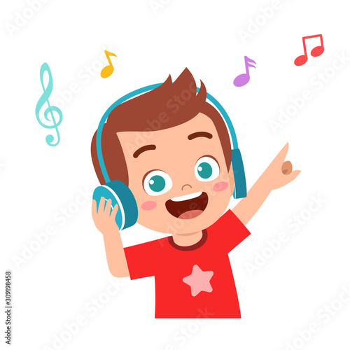 happy cute kid boy listen good music