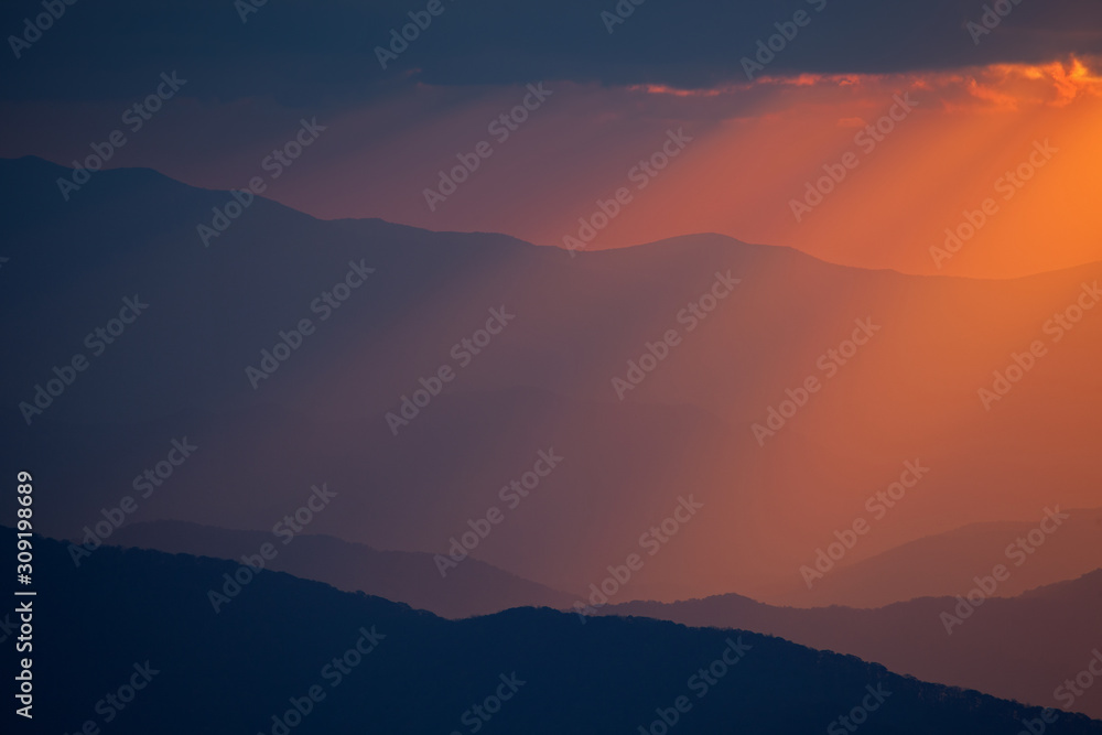 Sunbeams and Great Smoky Mountains near sunset from Clingman's Dome, North Carolina, USA
