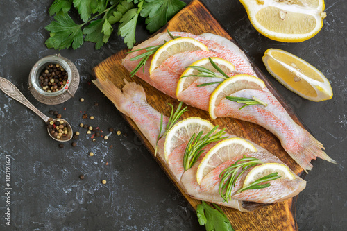 red sea bass fish on black background.