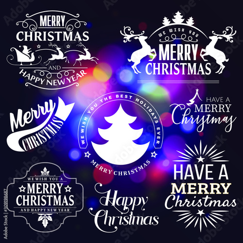 Merry Christmas and New Year, Happy Christmas Typographical  set on shiny Xmas background with snowflakes, light, stars. Merry Christmas card. Vector 