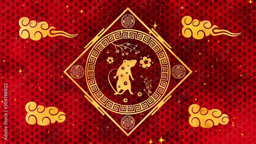 Red Chinese New Year background with gold, rat, fireworks, 3D rendering loop 4k. Magical Happy new year animation. Red Chinese New Year background with gold, rat, fireworks, 3D rendering loop 4k. Magical Happy new year animation.