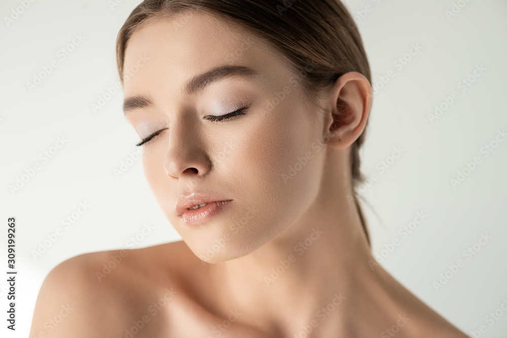 pretty nude young woman with closed eyes isolated on white pretty nude young woman with closed eyes isolated on white