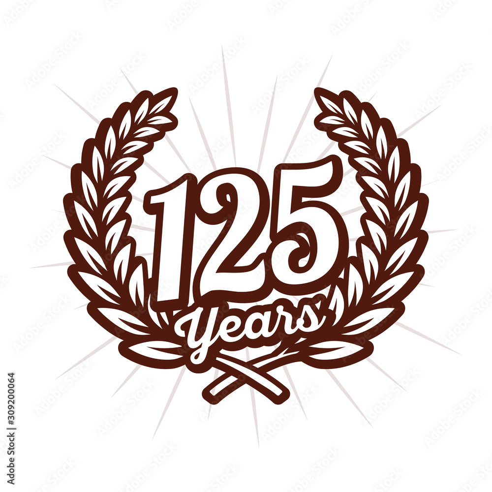 125 years anniversary celebration with laurel wreath. 125th logo. Vector and illustration.