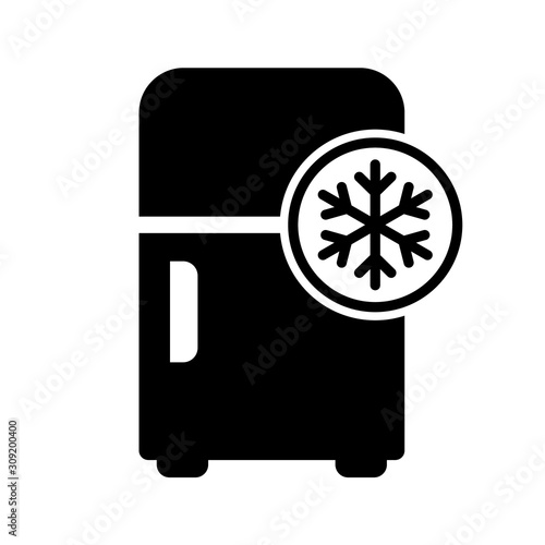 Isolated vector fridge icon. Kitchen freezer with snowflake symbol. Home food cooler.  Sticker, label, badge flat design.