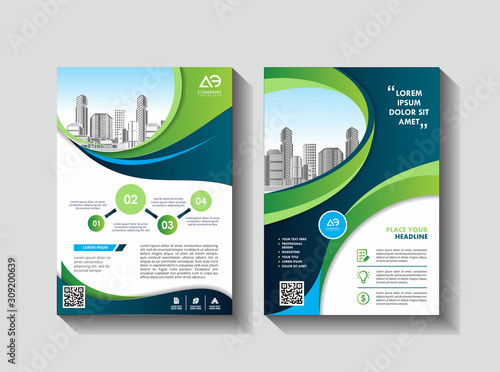 Vector Business brochure, flyers design template, company profile, magazine, poster, annual report, book & booklet cover, with green wavy line, and cityscape vector in background elements, size a4.