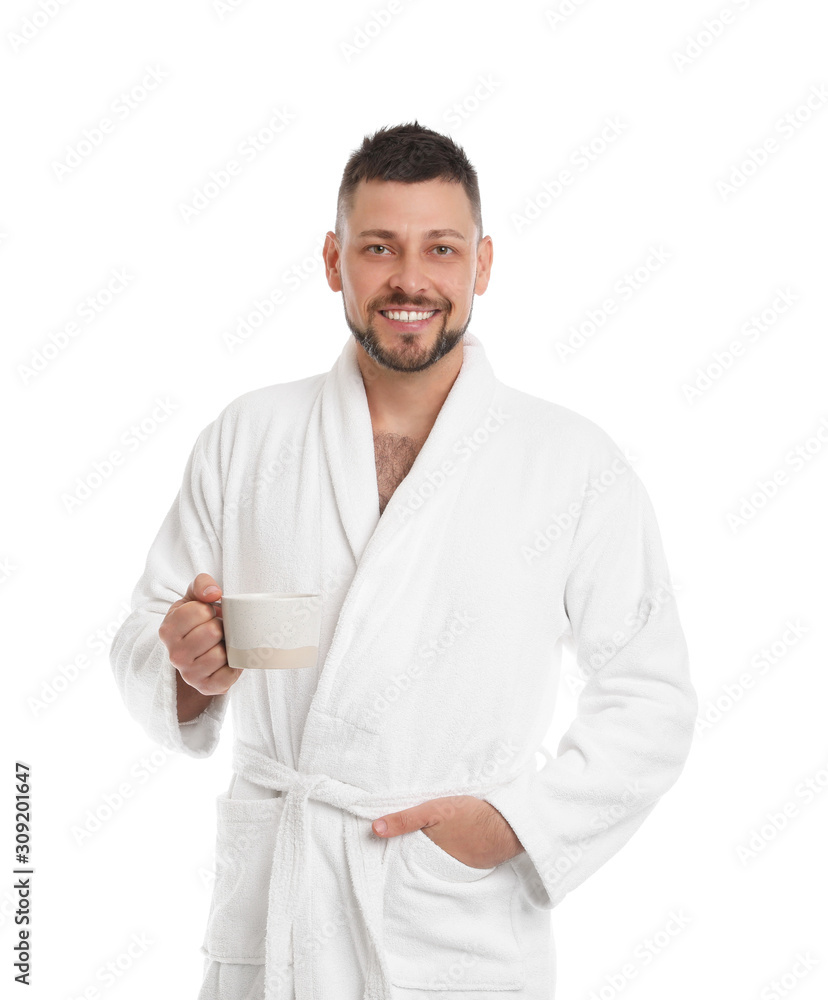 Handsome man with cup of coffee wearing bathrobe on white background Handsome man with cup of coffee wearing bathrobe on white background