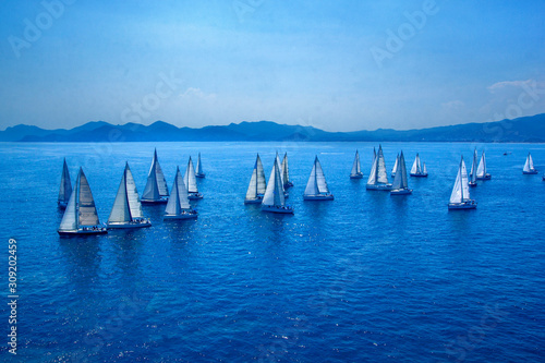 Sailing regatta, group of small water racing boats in Mediterranean, panoramic view with blue mountains on horizon on toning in classic blue color, creative design of 2020