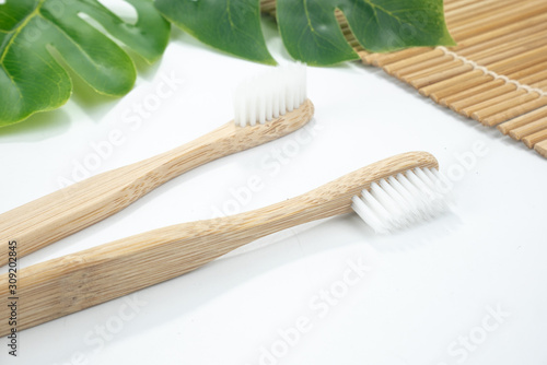 Zero waste plastic free  Natural eco bamboo toothbrush on white background.concept sustainable lifestyle or Recycling and ecology