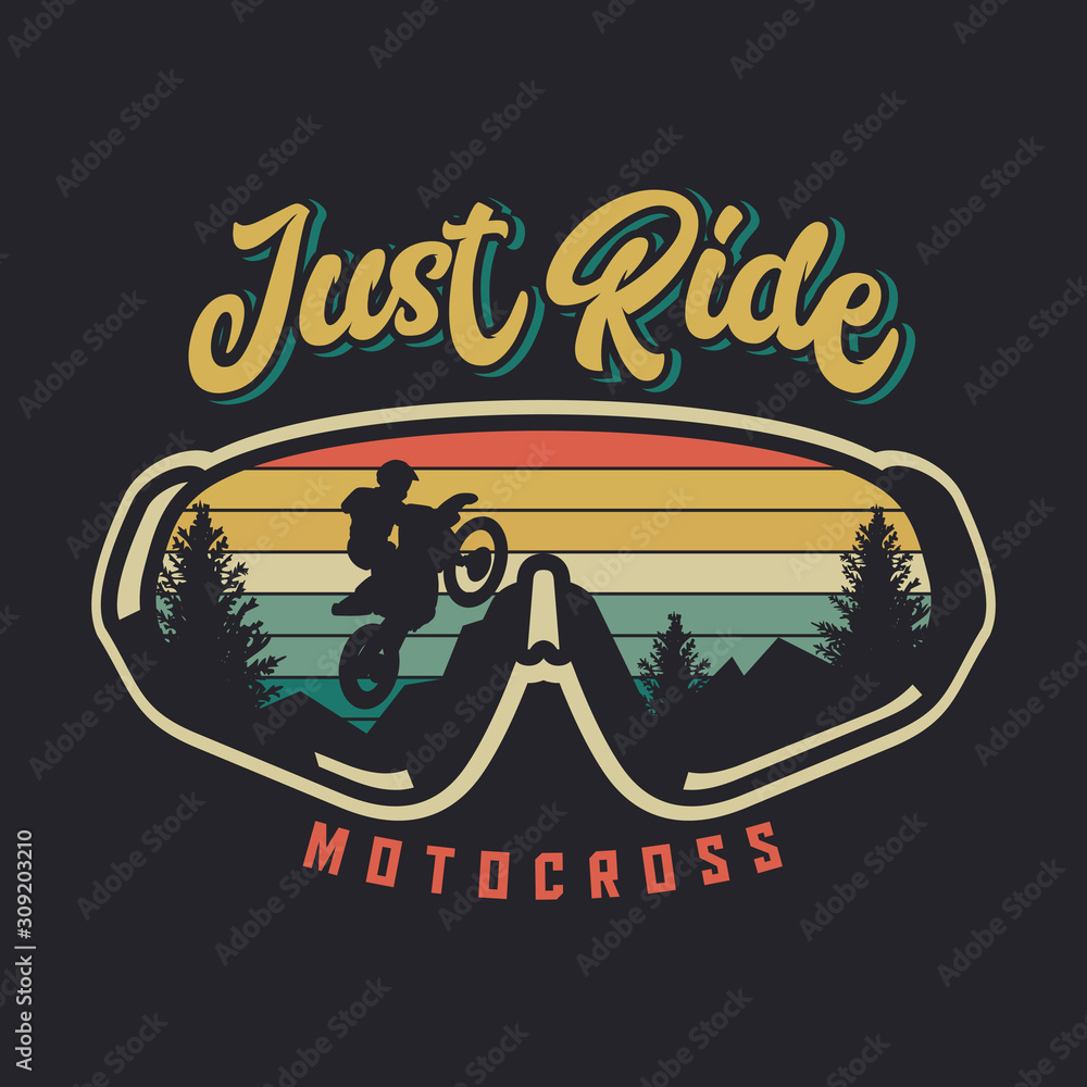 Plakat Wystarczy jeździć na motocrossie z okularami i zachodem słońca w tle vintage retro ilustracji