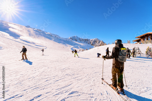 Men Skiers skiing in Hintertux Glacier of Tyrol in Austria