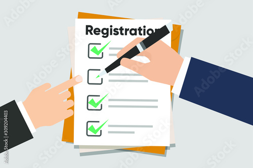 Man hold Registration clipboard with checklist. Man hold in hand clipboard agreement. Flat design, vector illustration on background