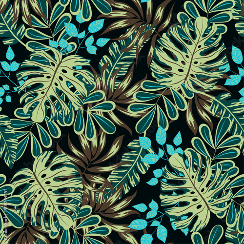 Seamless pattern with colorful tropical plants and leaves on dark background. Exotic wallpaper, Hawaiian style. Jungle leaves. Botanical pattern. Vector background for various surface.