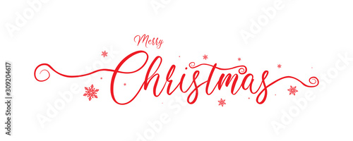 Merry christmas red calligraphy to winter holiday design with snowflake design, vector illustration.