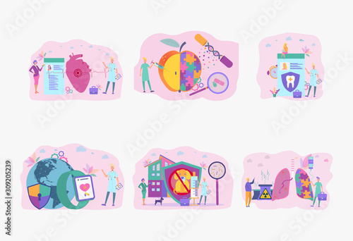 Internet doctor. Healthy heart, pulse of a healthy person. Private dentistry, dental service, concept of a private dental clinic. Healthy teeth. Colorful vector illustration