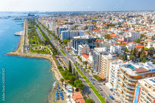 Tableau sur toile Aerial View Of Molos Promenade and Limassol cityscape