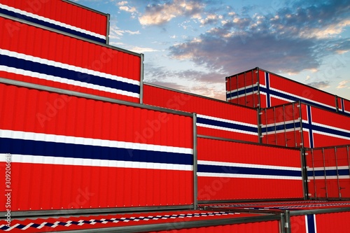 3D illustration Container terminal full of containers with flag of Norway