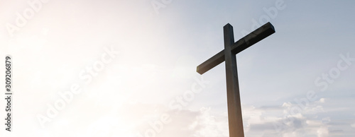 Leinwand Poster Wooden cross over sunrise background
