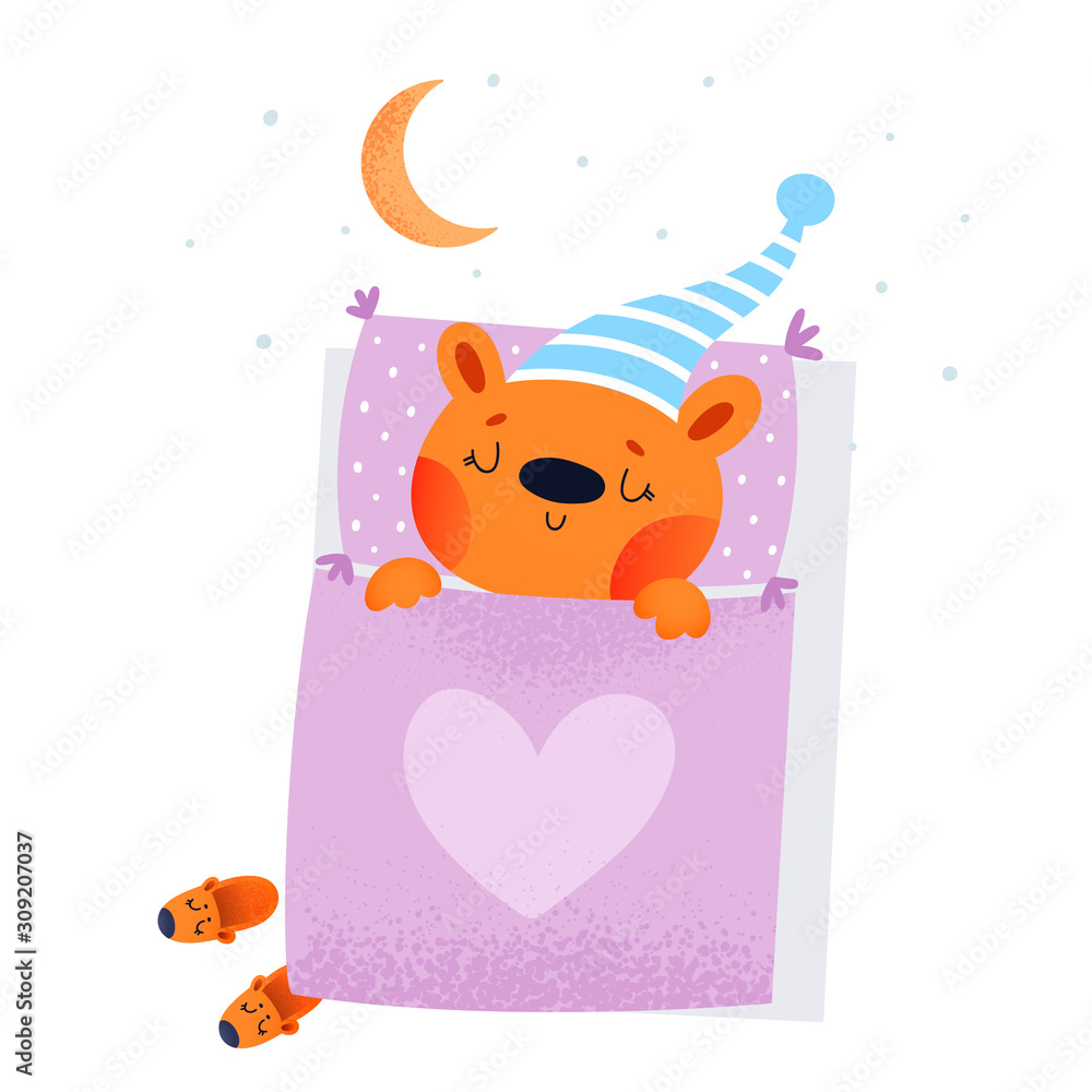 Cute little bear sleeping in bed. Adorable kid under blanket. Lovely baby animal go to sleep. Bedtime or good night childish illustration in flat style. Good for card, poster, print, book, decoration Cute little bear sleeping in bed. Adorable kid under blanket. Lovely baby animal go to sleep. Bedtime or good night childish illustration in flat style. Good for card, poster, print, book, decoration