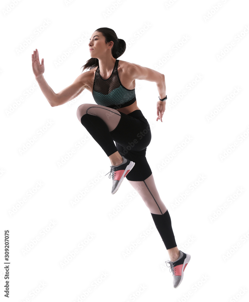 Athletic young woman running on white background, side view