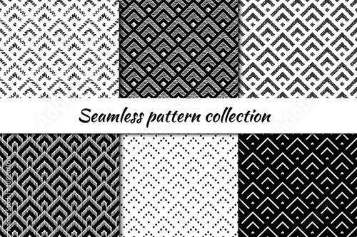 Seamless pattern collection. Geometrical design backgrounds set. Repeated scales, chevrons motif. Geo print kit