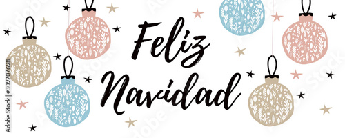 Feliz Navidad - Merry Christmas. Spanish Wishes Vector Banner with Colorful Floral Baubles Isolated on a White Background. Little Stars Among Christmas Decorations. Simple Christmas Web Illustration.