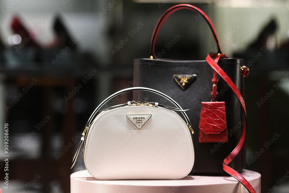 Milan Italy February 22 2019 Prada leather handbags in a